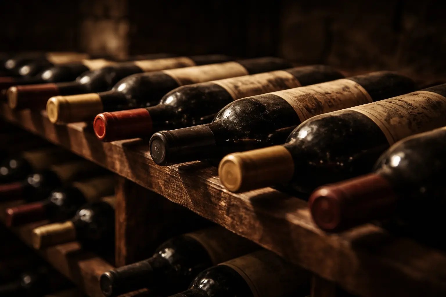 Bottles resting in a dark wine cellar